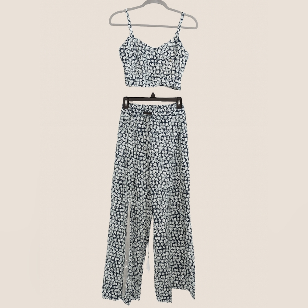 NWOT 2 Piece Split Front Wide Leg Pant And Cami Dark Green & White Size M - Picture 4 of 8
